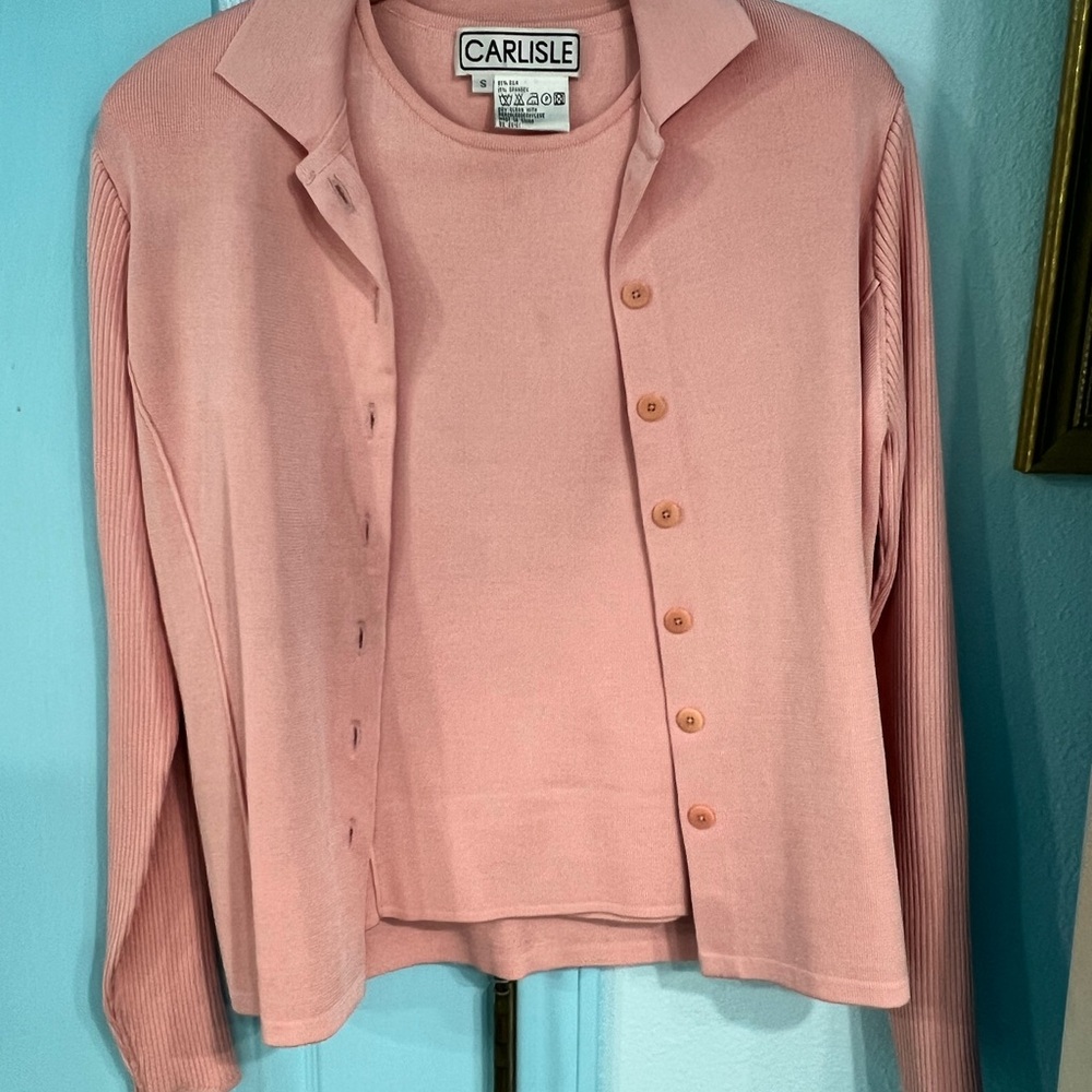 Carlisle silk & spandex Pink/ Blush Knit Cardigan and Top Set